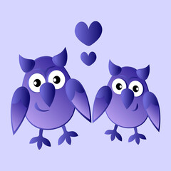 two owls in love with hearts. Cartoon birds. Pastiche. Children drawing