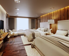 Fototapeta na wymiar 3d render of hotel room double bed