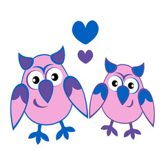 two owls in love with hearts. Cartoon birds. Pastiche. Children drawing