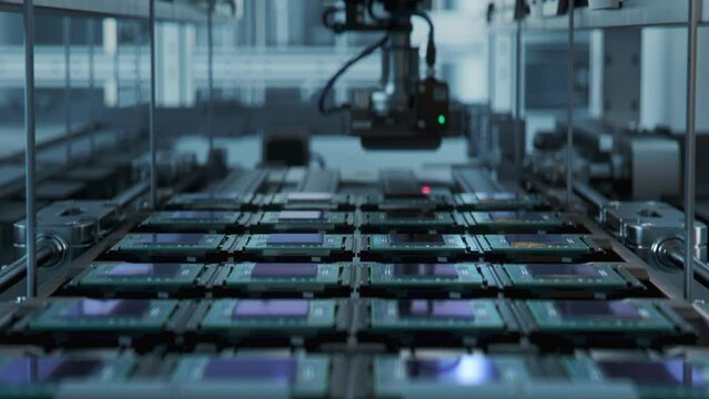 Shot of Production Line with Computer Processors on Electronics Factory. Microchip Production Process.