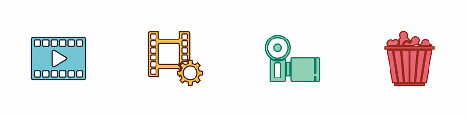 Set Play Video, , Cinema camera and Popcorn box icon. Vector