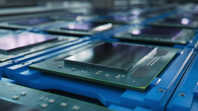Macro Shot of Rows of Computer Processors on Production Line on Electronics Factory. Microchip Production Process.