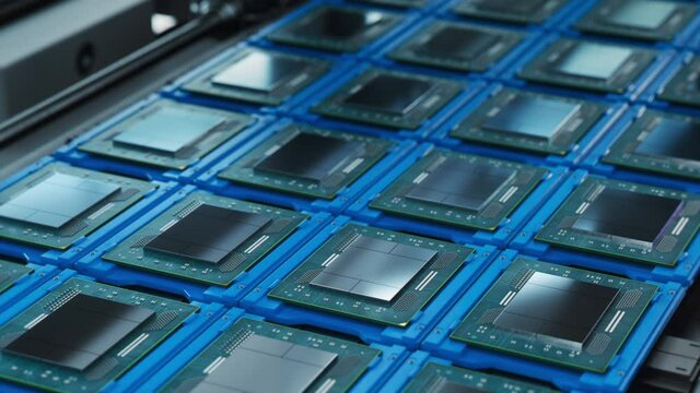 Shot of Rows of Computer Processors on Production Line on Electronics Factory. Microchip Production Process.