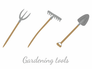 Rake, shovel, pitchfork for farm work. set of tools with wooden handle for garden work vector illustration
