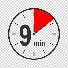 Clock icon with 9 minute time interval. Countdown timer or stopwatch symbol. Infographic element for cooking or sport game isolated on transparent background. Vector flat illustration.