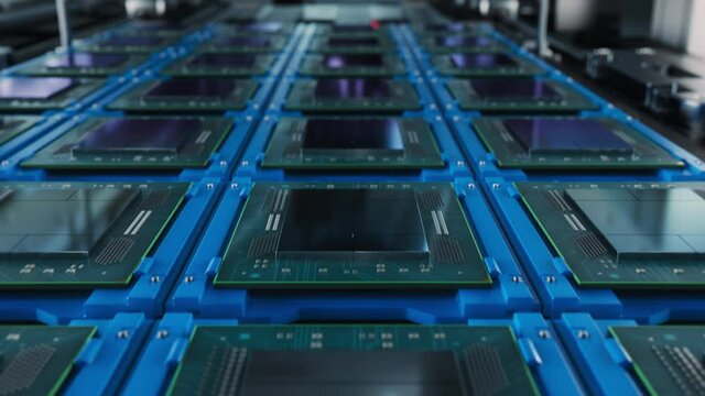 Macro Shot of Rows of Computer Processors on Production Line on Electronics Factory. Microchip Production Process.