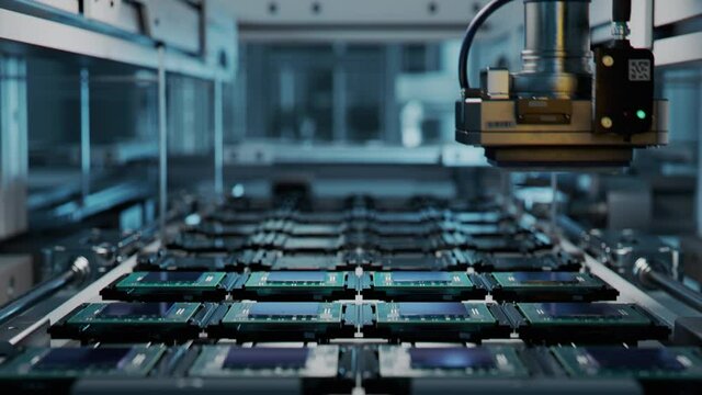 Shot of Production Line with Computer Processors on Electronics Factory. Microchip Production Process.