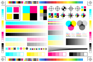 CMYK Print Calibration Illustration with Offset Printing Marks and Color Test - obrazy, fototapety, plakaty
