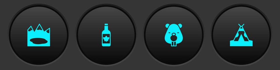 Set Canadian lake, Beer bottle, Beaver animal and Indian teepee or wigwam icon. Vector © vector_v