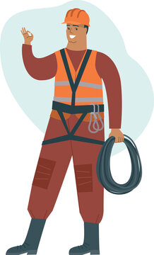 High-rise construction worker holding rope. Climber Safety equipment. Repair service and construction concept.