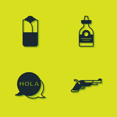 Set Burrito, Vintage pistols, Hola and Tequila bottle icon. Vector © vector_v