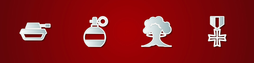 Set Military tank, Hand grenade, Nuclear explosion and reward medal icon. Vector