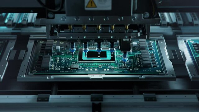 Automatic Pick and Place machine installs Components on Circuit Board. Assebly Line on Electronics and Circuit board Manufacturing Factory.