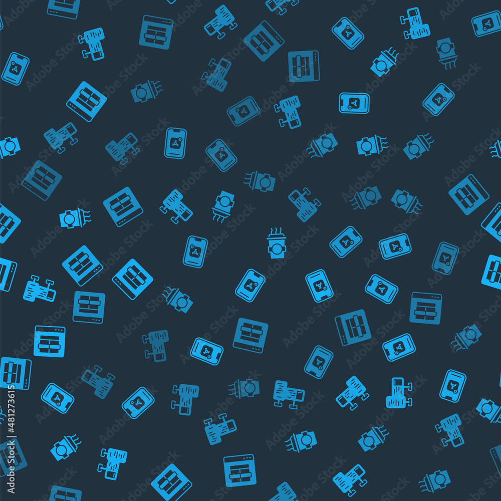 Poster set computer monitor screen, mobile apps, coffee cup go and mysql code on seamless pattern. vector