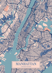 New York stadsplattegrond poster print. Gedetailleerde kaart van New York, Manhattan (Verenigde Staten).