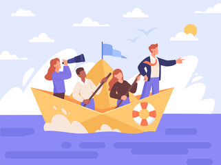 Leadership to lead business in crisis. Businessman with team sailing on paper boat. Colleagues support to achieve success and promote company. Vision or strategy. Cartoon flat vector illustration