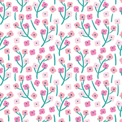 Seamless Pattern with Hand Drawn Flower Art Design on White Background