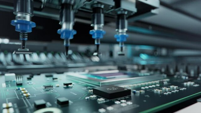 Automatic Pick and Place machine quickly installs Components on Circuit Board. Electronics and Circuit board Manufacturing Factory. Macro Shot.