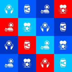 Set Soccer football ball, Beer can, Football shoes and icon. Vector