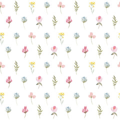 Watercolor botanical seamless pattern wild flowers and garden plants. Hand drawn leaves, pink flowers, herbs and natural elements. For birthday, wedding card, love, invitation, march, easter.