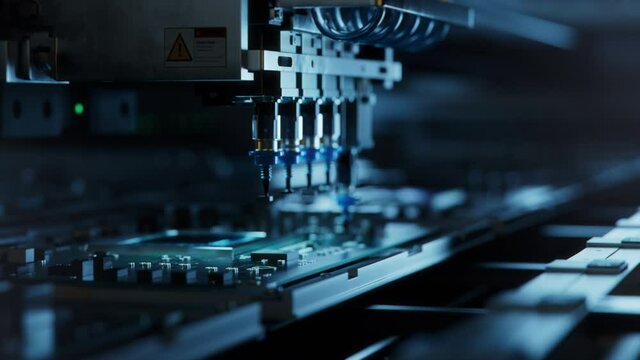 Automatic Pick and Place machine quickly installs Components on Circuit Board. Electronics and Circuit board Manufacturing Factory. Loopable.