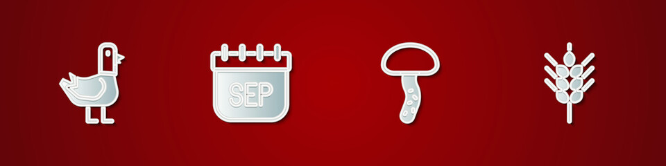 Set Dove, September calendar autumn, Mushroom and Wheat icon. Vector