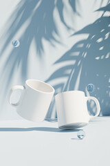 Mockup with white mug, cup for tea or coffee on blue tropical summer background, blank template for your design, branding, business. 3d render