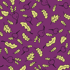 Doodle seamless pattern with vegetables beets and salad leaves. Perfect for T-shirt, textile and print. Hand drawn vector illustration for decor and design.
