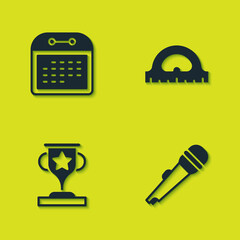 Set Calendar, Microphone, Award cup and Protractor grid icon. Vector