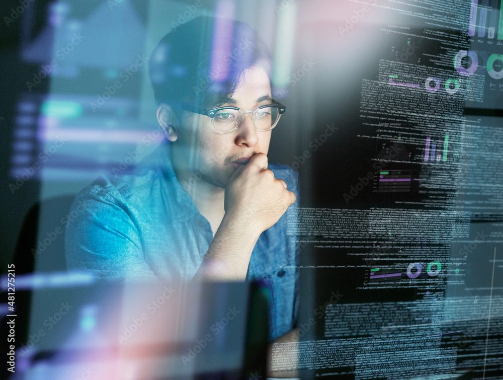 Poster Thinking about the code. Cropped shot of a young computer programmer looking through data.