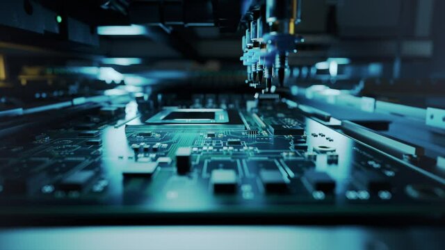 Macro Shot of Automatic Pick and Place machine quickly installs Components on Circuit Board. While board moving on assembly line. Electronics and Circuit board Manufacturing Factory.