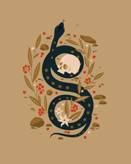 Magical black snake with a skull and magical plants on isolated background. Design element for mystical cards, posters, covers, and shops. Vector illustration.