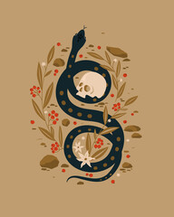 Magical black snake with a skull and magical plants on isolated background. Design element for mystical cards, posters, covers, and shops. Vector illustration.