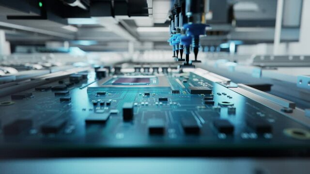 Macro Shot of Automatic Pick and Place machine quickly installs Components on Circuit Board. While board moving through Assembly Line. Electronics and Circuit board Manufacturing Factory.