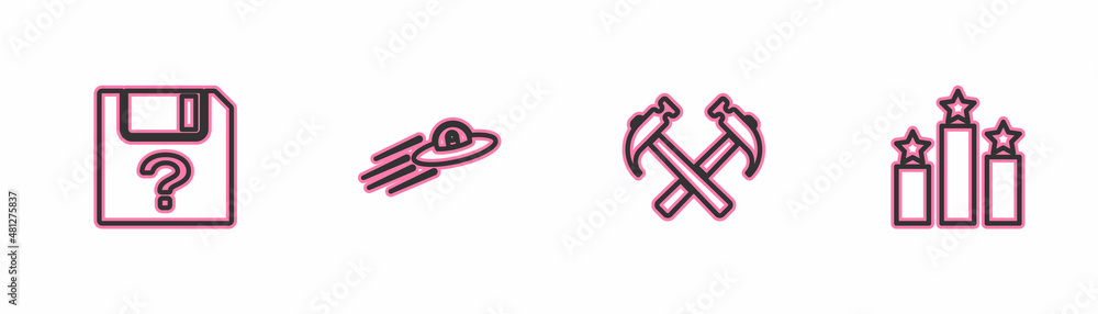 Sticker Set line Unknown document, Two crossed hammers, UFO flying spaceship and alien and Ranking star icon. Vector