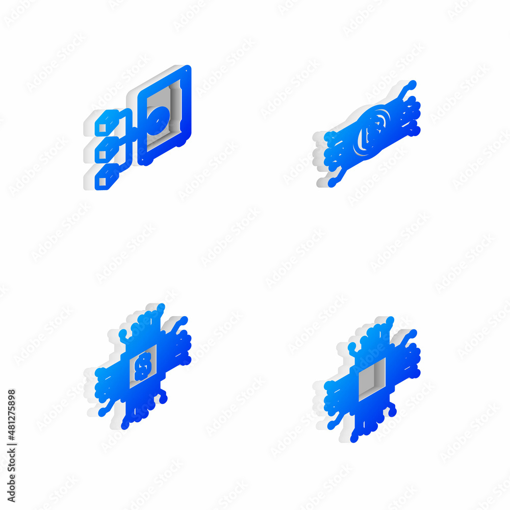 Poster set isometric line cryptocurrency bitcoin in circuit, proof of stake, processor chip with dollar and