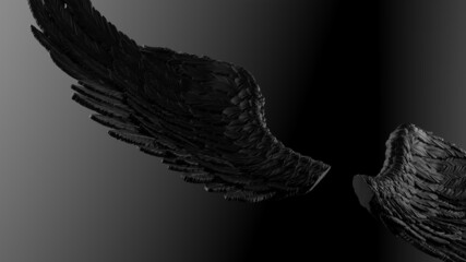 Black wings under black-white lighting background. Concept image of free activity, decision without regret and strategic action. 3D CG. 3D illustration.