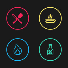 Set line Fire flame, Ketchup bottle, Hotdog sandwich and Crossed knife spatula icon. Vector