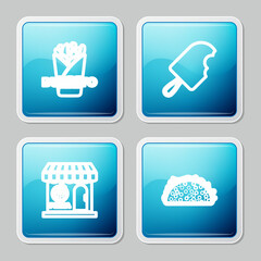 Set line Burrito, Ice cream, Pizzeria building facade and Taco with tortilla icon. Vector
