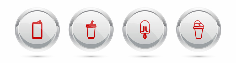Set line Aluminum can, Glass with water, Ice cream and . Silver circle button. Vector