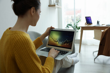 Woman working with laptop indoors. Forex trading