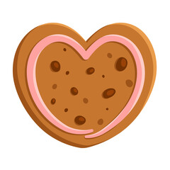 Heart shaped cookie . Cookie flat design. Сhocolate chips cookie. Traditional cookies with chocolate chips and glaze. Vector illustration in cartoon flat style.