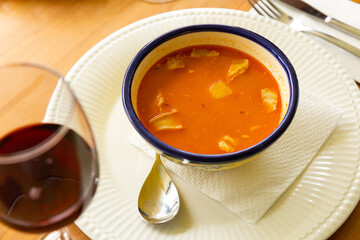 Broth Olla Morellana with beans and vegetables, dish of Spanish cuisine