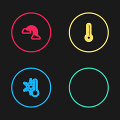 Set line Thermometer with snowflake, Rainbow sun, Meteorology thermometer and clouds icon. Vector