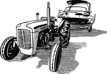 the vector sketch of the delivering tractor with fishing boat