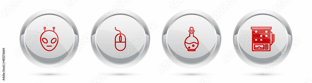Poster set line alien, computer mouse, bottle with magic elixir and slot machine. silver circle button. vec
