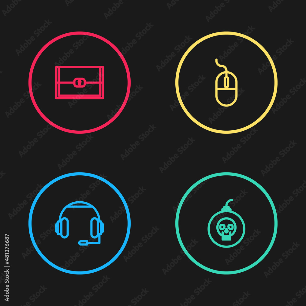 Poster set line headphones, bomb ready to explode, computer mouse and chest for game icon. vector