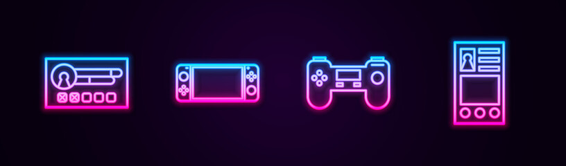 Set line Create account screen, Portable video game console, Gamepad and . Glowing neon icon. Vector © vector_v