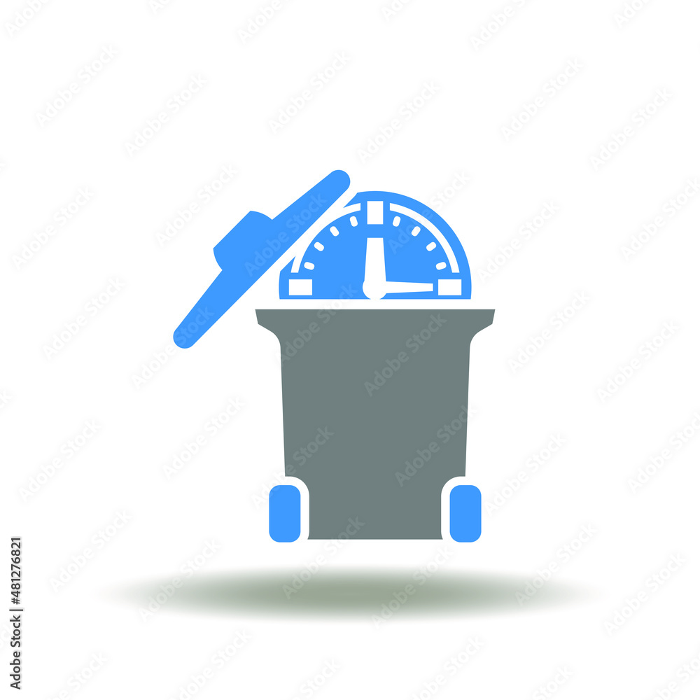 Poster vector illustration of trash can with clock. symbol of time loss. icon of inefficiency.