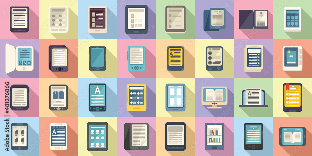 Poster e-book application icons set flat vector. book reader